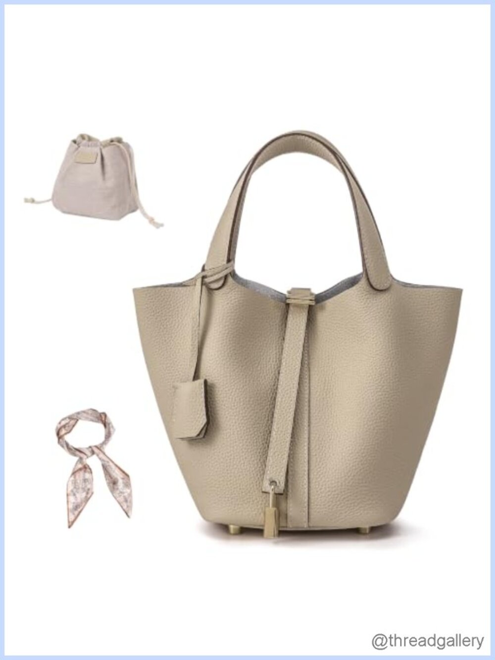 Genuine Leather Lock Bucket Bag Top Handle Satchel Handbag for Women